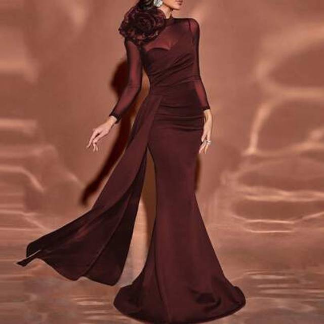 SHEIN Elegant Wedding Guest Stand Collar 3D Floral Mesh Patchwork Sheer Long Sleeve Bodycon Floor Length Fishtail Dress, Formal, Party Dress, Gown, For Even
