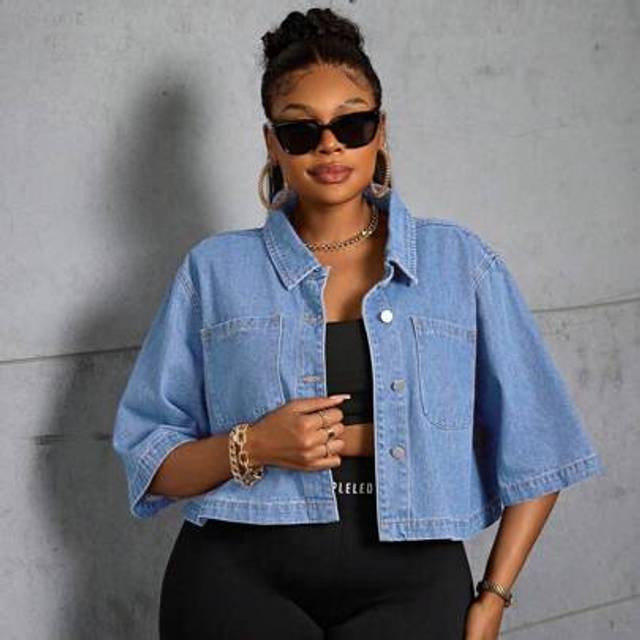 SHEIN Plus Size Denim Women Short Jacket, Non-Stretch  Summer Outfits For Women Festival Outfits  Women Clothing Casual