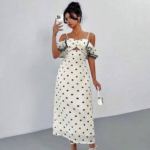 Calvaya Women&#39;s Elegant Polka Dot Off Shoulder Sleeveless Ruffle Sleeve Bodycon Mid-Length Dress, Spring/Summer