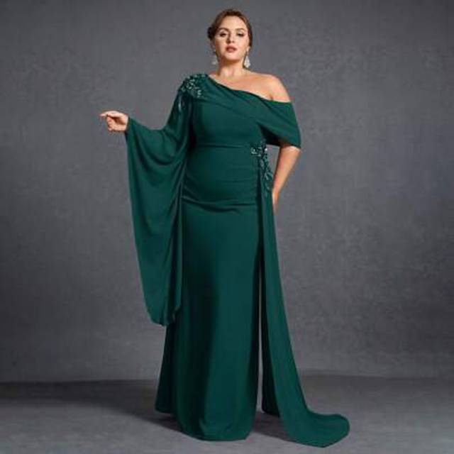 SHEIN Plus-Size Evening Gown With Asymmetric Neckline, Statement Bell Sleeve & Cascading Side Silhouette - Elegant Mother-Of-The-Bride Dresses, Gala Dinner