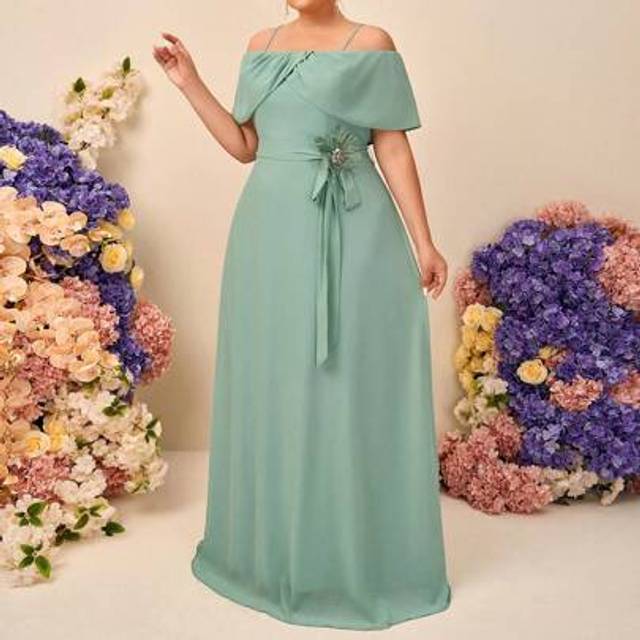 SHEIN Plus Size Elegant Romantic Mint Green Off Shoulder Ruffled Sleeve A-Line Bridesmaid Dress, Suitable For Wedding, Holiday