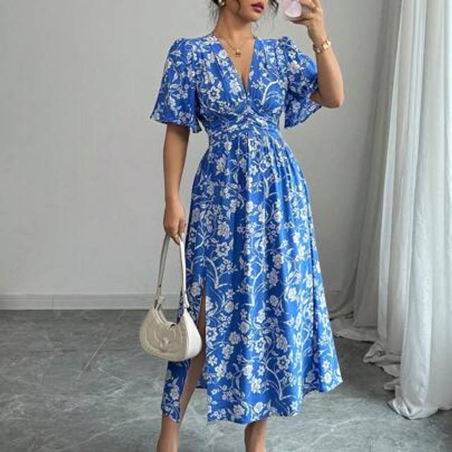 Calvaya Women&#39;s Boho Elegant Holiday Vacation Shirred Waist Flounced A-Line Split Hem Flare Sleeve Dress, Suitable For Spring/Summer