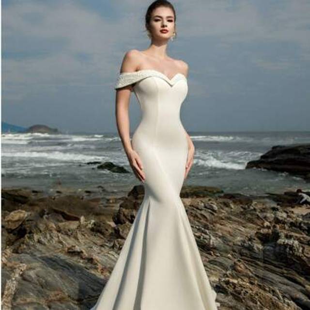SHEIN Spring Off-The-Shoulder Women White Graduation Dress Mermaid Pearl Wedding Dress For Bride, Bodycon Silhouette