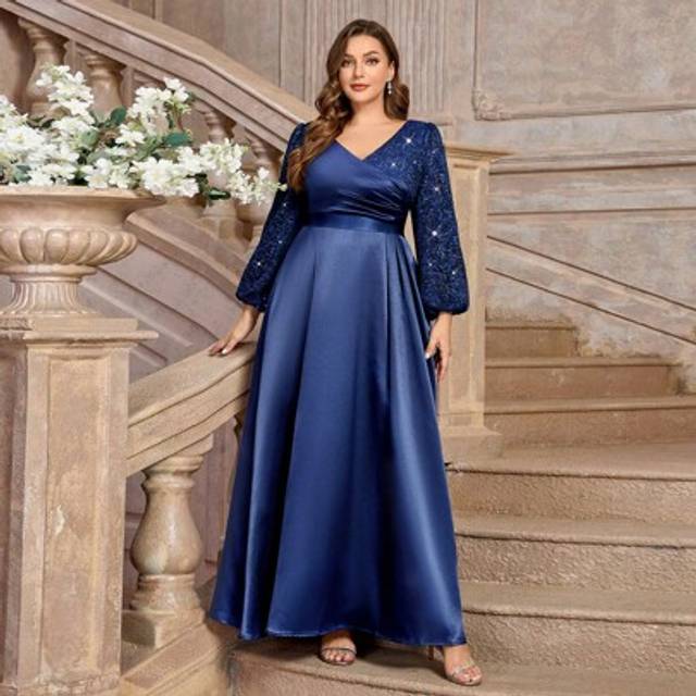 SHEIN Plus V-Neck Lantern Sleeve Floral Sequin Lace Contrast Satin Prom Evening Party Formal Dress, Wedding Guest Gown, For Festival, Graduation, Dinner, Ho