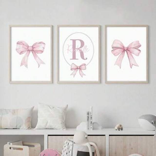 SHEIN 3 Pcs Custom Name Wall Art Poster Personalized Name Pink Bow Print Painting Modern Print Picture Lovely Hanging Picture Bedroom Wall Decoration Girls