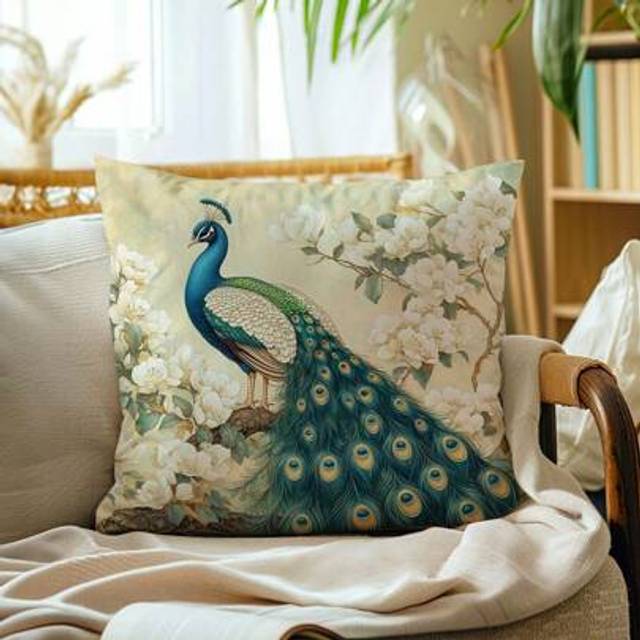 SHEIN 1pc Vintage Peacock Floral Decorative Pillow Cover, Single-Sided Printed Soft Peach Velvet Material, 45*45CM/50*50CM Cushion Cover For Modern Fabric S