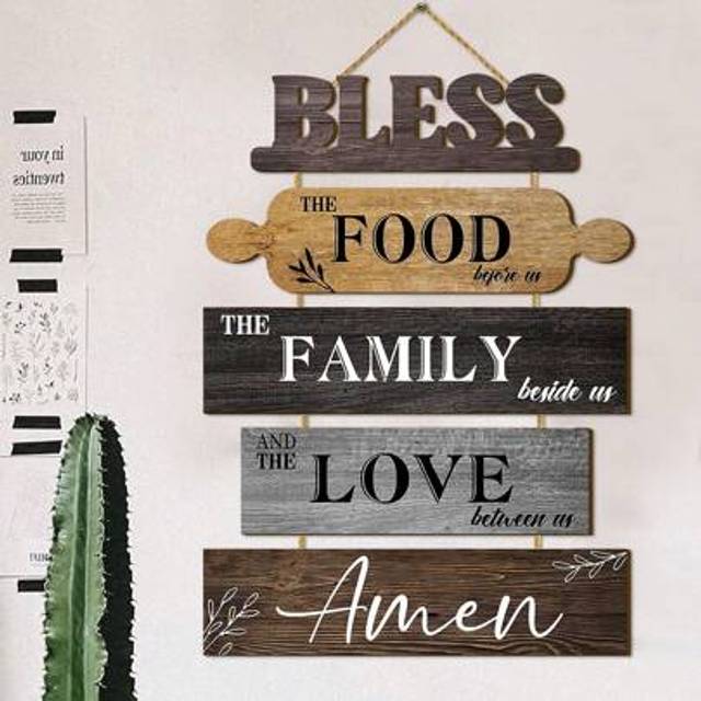 SHEIN 5 Pieces Rustic Kitchen Wood Wall Hanging Plaque Sign For Home Decor,Farmhouse Bless The Food Before Us Sign Wall Art Plaque Sign For Dining Room Deco