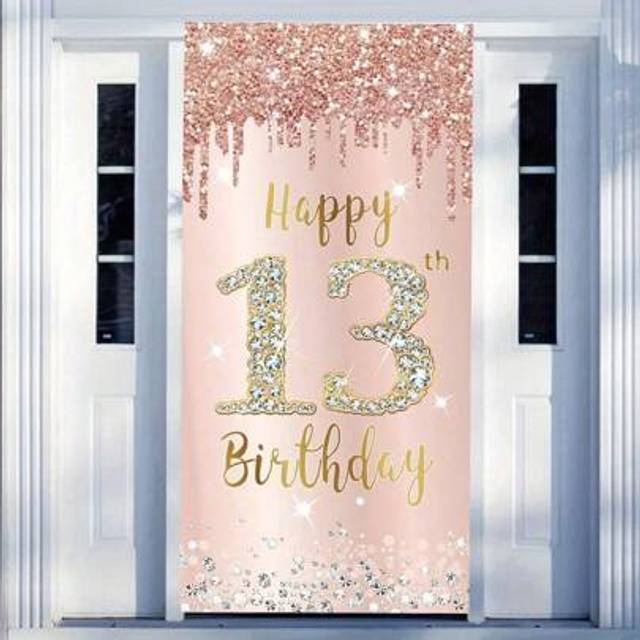 SHEIN 1pc Happy 13th Birthday Door Hanging Banner, Polyester Party Decoration, Shiny Rose Gold Door Curtain Sign, Photo Booth Prop Background, No Electricit