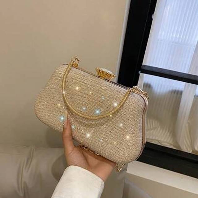 SHEIN [Elegant Evening Bag With Handle] Elegant Mini Evening Clutch Bag With Top Golden Handle, Perfect For Parties, Classic Decorative Handbag For Music Fe
