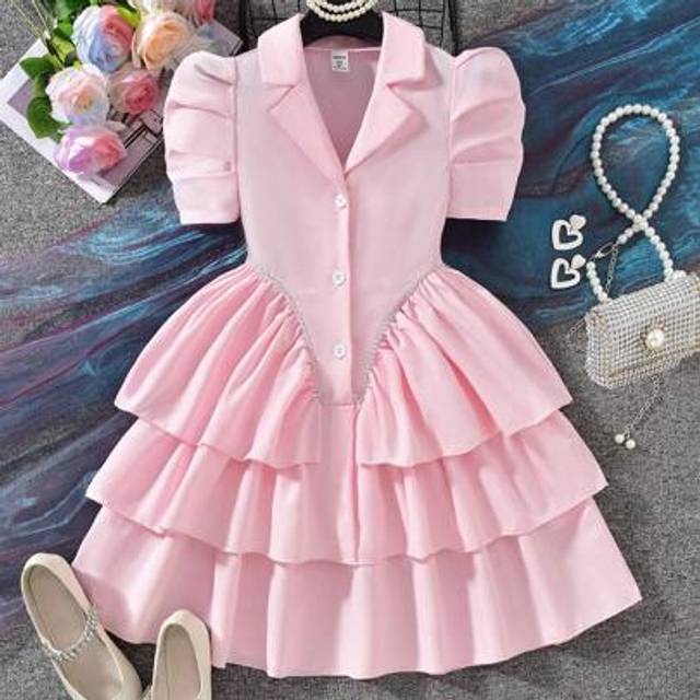 SHEIN 1pc Tween Girls Elegant Little Princess Style White Short Sleeve Multi-Layer Ruffle Cake Dress, Spring/Summer Fashion Dress For Girls Unique Dresses F