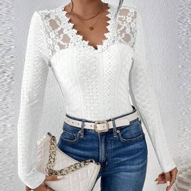 SHEIN Women&#39;s Lace Patchwork Hollow Out Embroidered Textured Fabric White T-Shirt