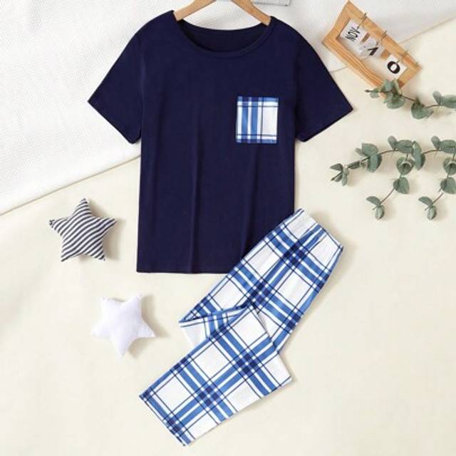 SHEIN Boys Pajamas Set, Multi-Color Short Sleeve Solid Plaid Brushed Pants, Casual Sleepwear Suit, Suitable For Indoor And Outdoor Wear, All Seasons