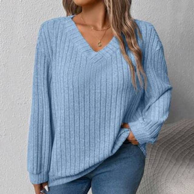 SHEIN Plus Size Women&#39;s Loose Grey V-Neck Ribbed Casual Sweatshirt For Outdoor Wear, Autumn/Winter