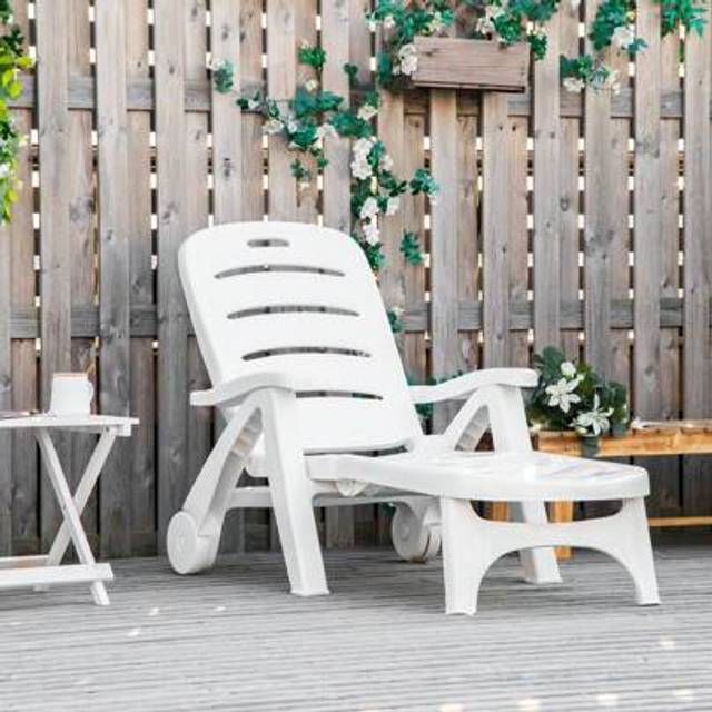 SHEIN Outsunny Outdoor Folding Plastic Chaise Lounge Chair On Wheels, Patio Sun Lounger Recliner & 5-Position Backrest For Garden, Beach, Pool, White