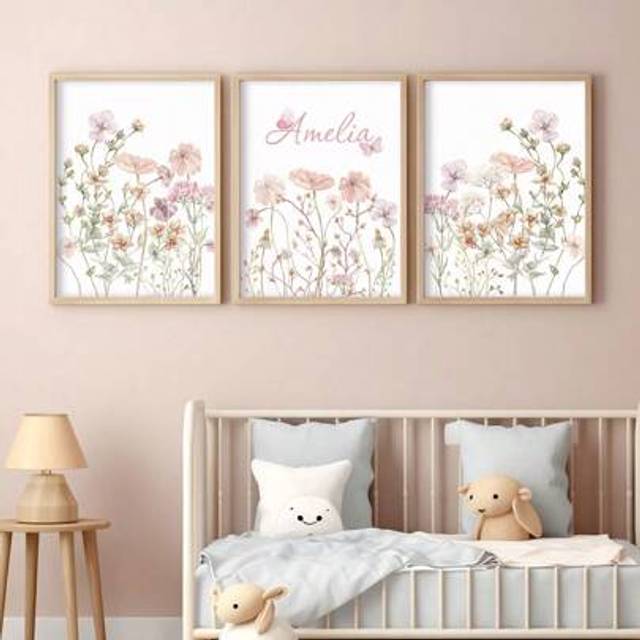 SHEIN 3pcs Custom Name Art Poster Personalized Pink Flowers Canvas Poster Aesthetic Hanging Pictures Dopamine Painting Poster Kindergarten Decoration Poster