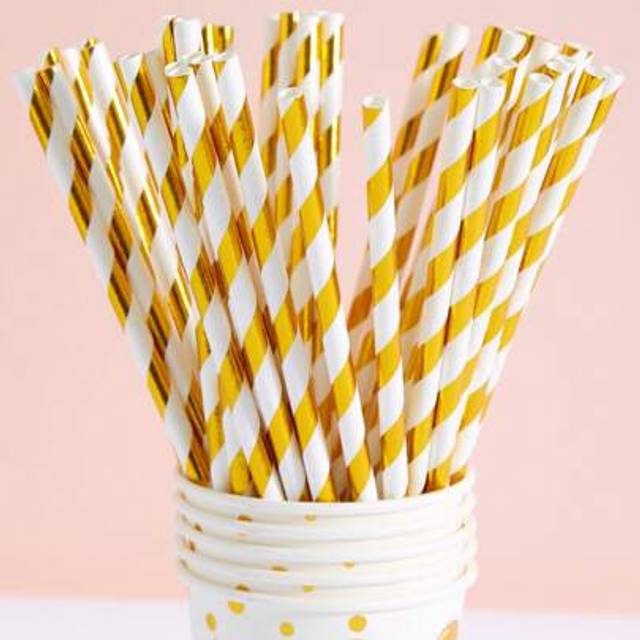 SHEIN 10/25/50/100 Pcs White Background Gold Striped Paper Straws, Disposable Tableware Straws, Suitable For Birthday, Party, Family, Bar, Drink Shop, Picni