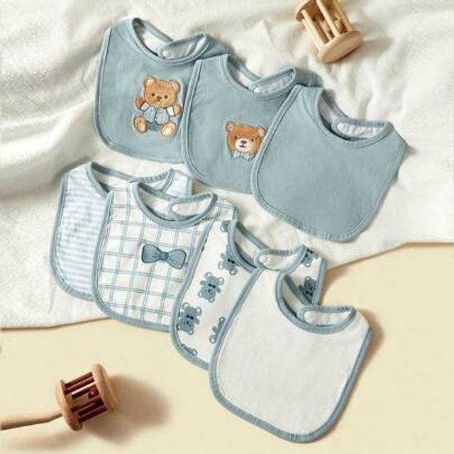 SHEIN 7pcs Baby Boy Drool Bibs With Cute Bear Embroidery, Absorbent Breathable Soft Feeding Burp Cloth