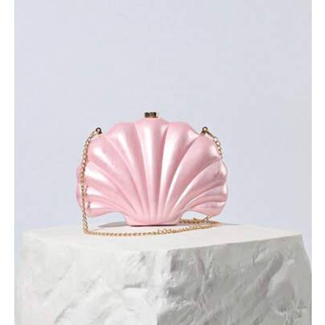 SHEIN Pearl Marble Fan-Shaped Seashell Evening Bag, New Soft French Bridal Wedding Party Clutch, Asymmetric Acrylic Handbag With Chain Shoulder Strap For Wo