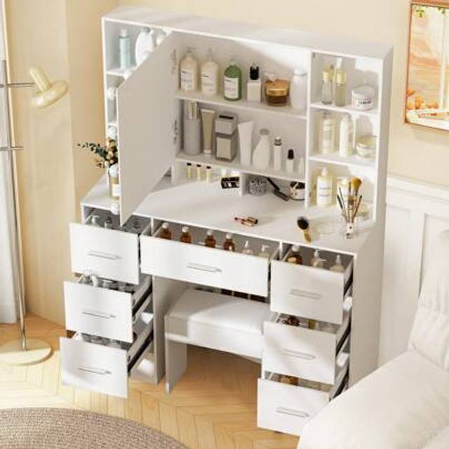 SHEIN Makeup Vanity Stool Set LED Lighted Opened Mirror Dressing Table Dresser Desk With 7 Drawers