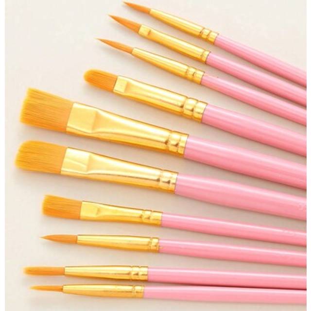 SHEIN 10pcs/Set Pink Nylon Hair Watercolor Paint Brush Pen Set, Learning DIY Oil Acrylic Painting Art Paint Brushes,Supplies New Year&#39;s Gift,Student Office