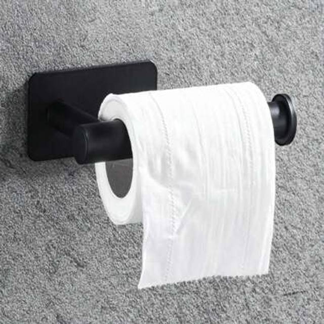 SHEIN 1pc Black Stainless Steel Wall-Mounted Paper Towel Holder With Hooks For Clothes, Hats, Kitchen & Bathroom Self-Adhesive Tissue Rack Bathroom Decor Su