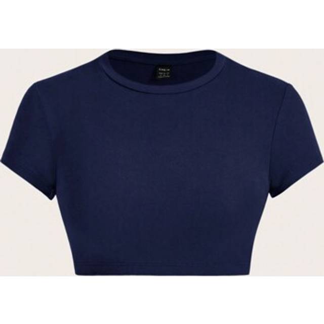 SHEIN Navy Blue Casual Round Neck Short Sleeve Fitted Cropped Women T-Shirt, Suitable For Summer Suitable For Going Out