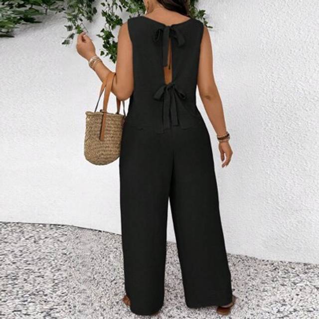 SHEIN Plus Size Casual Vacation Textured Shell Trim Tie Waist Sleeveless Top And Palazzo Pants Set