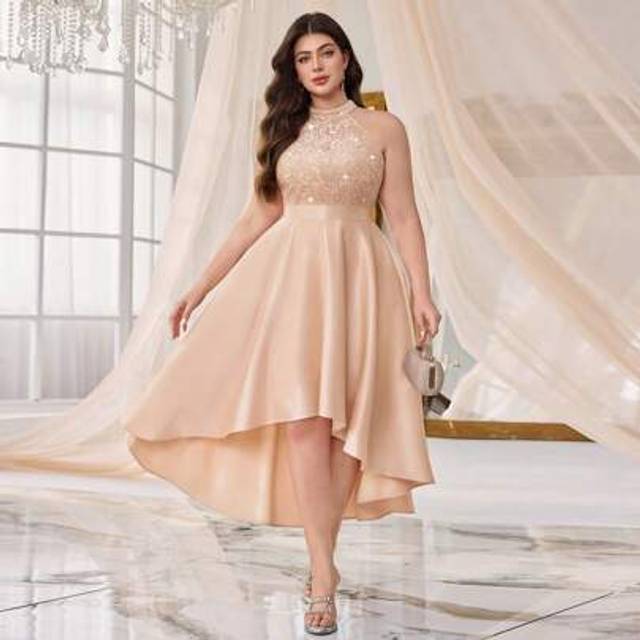 SHEIN Plus Halter Neck Sequin Lace Insert Contrast Satin High Low A-Line Hem Evening Party Formal Dress, Graduation Dress, Elegant Prom Semi Formal Wedding