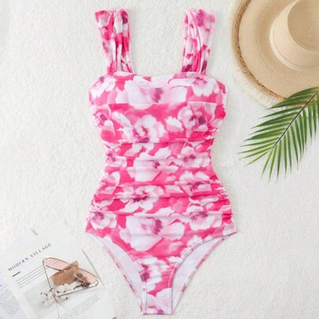 SHEIN Teen Girls Floral Print Ruched Mesh One-Piece Swimsuit, Pink, Casual And Cute For Beach, Spring/Summer