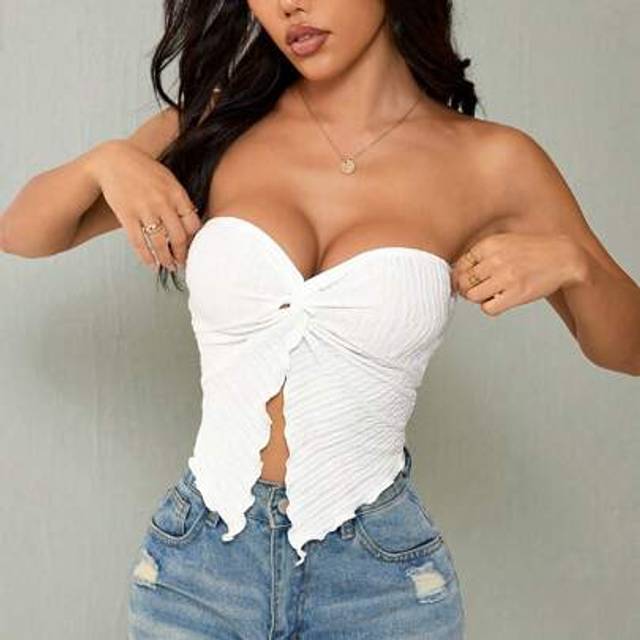 SHEIN Women&#39;s Solid Color Sexy Split Hem Bandeau Knit Top