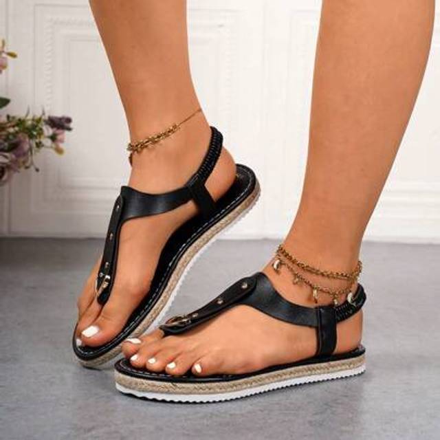 SHEIN Women&#39;s Flat Linen Rope Thong Slip On Flat Sandals, Rivet Decor Peep Toe Non-Slip Outdoor Flat Sandals