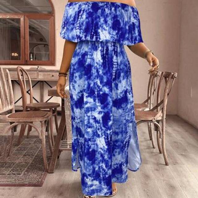 SHEIN Plus Size Women&#39;s Vacation Tie-Dye Print Ruffle Off Shoulder Dress,Summer Outfits For Women