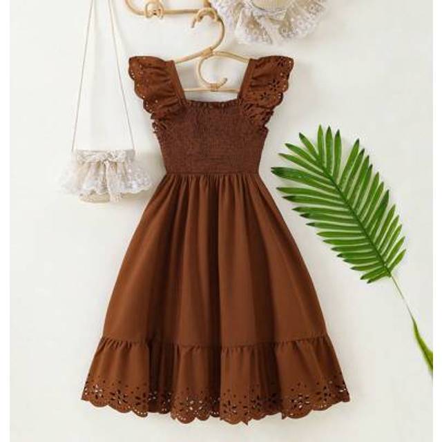 SHEIN Tween Girls Solid Color Smocked Ruffle Trim Casual Dress