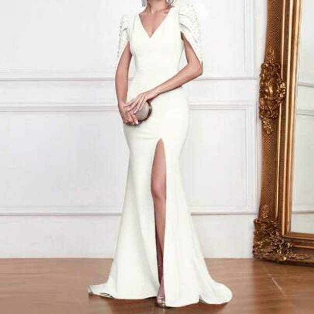 SHEIN Fitted White Backless V-Neck Wedding Guest Dress With Faux Pearls, Elegant Trailing Evening Gown, Party Dress, Formal Dress