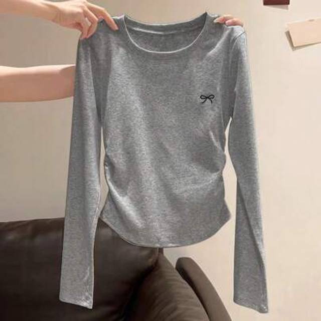INAWLY Women Round Neck Long Sleeve Casual T-Shirt With Bow Detail, Minimalist Design, For Spring