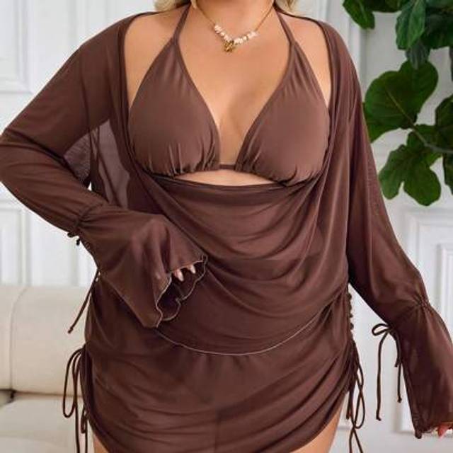 SHEIN Plus Size Women&#39;s 3-Piece Sexy Mesh Tankini Swimwear Set, Beachwear Holiday Casual