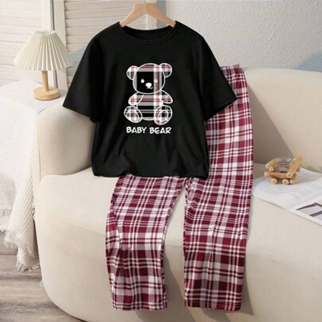 SHEIN Tween Girls Pajamas Set, Featuring Bear Print T-Shirt And All-Over Plaid Pants, Casual & Comfortable Summer Sleepwear