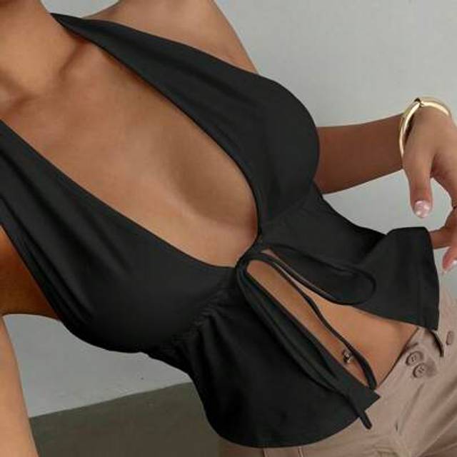 SHEIN Women&#39;s Solid Color Slit Hem Front Tie Halter Sexy Tank Top, Summer