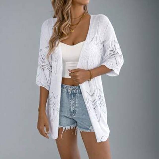 SHEIN Women Summer New Hollow Out Short Sleeve Knit Cardigan, Vacation Beach Lightweight Outwear