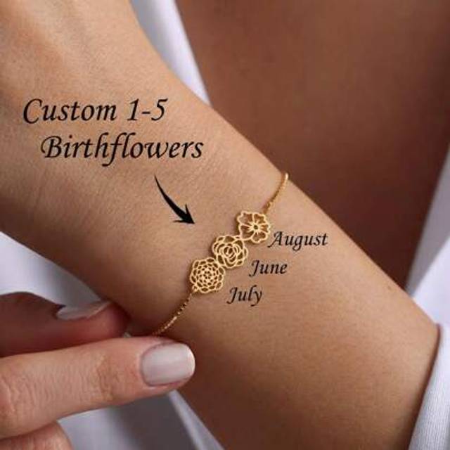 SHEIN Personalized 1-5 Birth Flowers Bracelet, Birth Flower Family Bracelet, Elegant Personalized Jewelry, Birth Flower Jewelry, Mother&#39;s Day Gifts