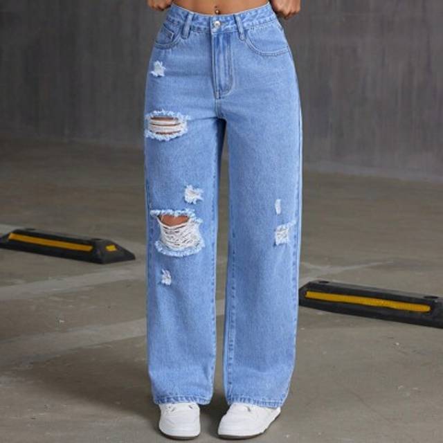 SHEIN Solid Color High Waisted Ripped Washed Casual Jeans With Pockets