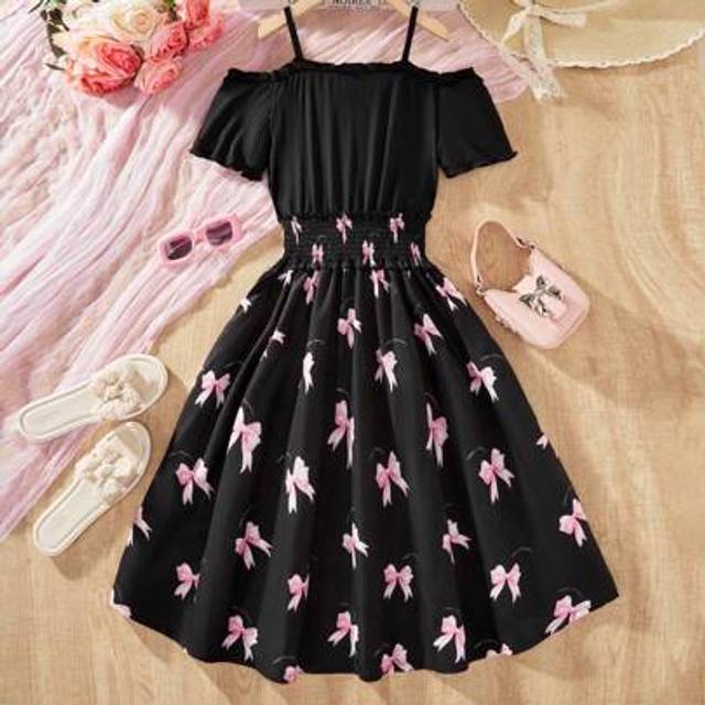 SHEIN Teenage Girl Summer Elegant Butterfly Print Off Shoulder Waisted Dress