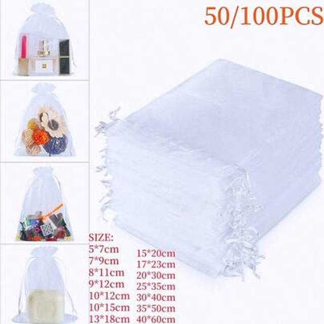 SHEIN 50/100pcs White Organza Gift Bags, New Year Party Candy Bags, Wedding Favor Bags, New Year Party Colorful Drawstring Organza Bags With Ribbons, Multip