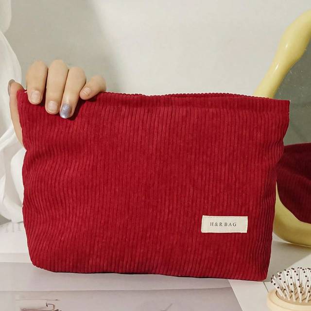 SHEIN 1 PC Red Corduroy Clutch Make Up Bag,Fashionable And Casual Large Capacity Portable Zipper Makeup Bags,Travel And Vacation Essentials Cosmetic Bags Fo