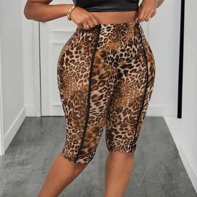 SHEIN Plus Size Sexy Leopard Print See-Through 3/4 Leggings, Spring/Summer