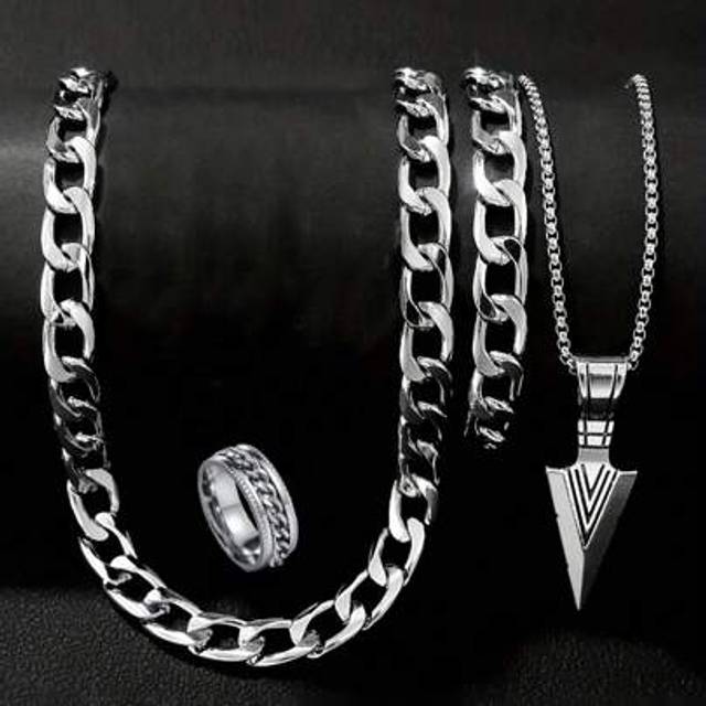 SHEIN Chain Bracelet, Necklace, Ring And Hollow Necklace Set, Fashionable Gift For Him, Suitable For Teenage Fashion Wear