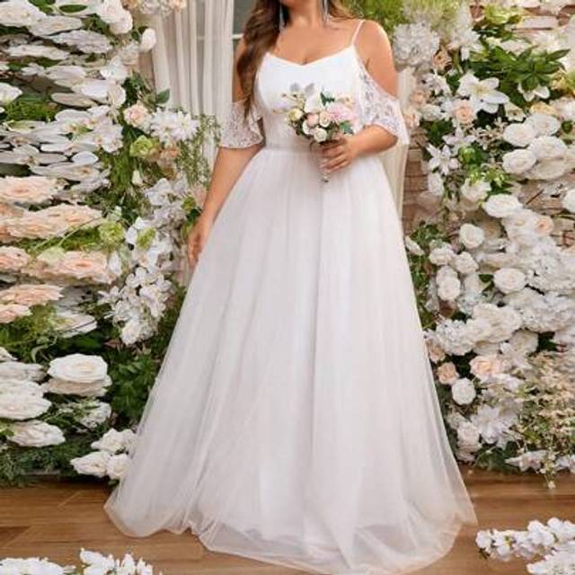 SHEIN Women Plus Size Cold Shoulder Floral Lace Wedding Dress For Party Engagement Bridal Shower,Bride