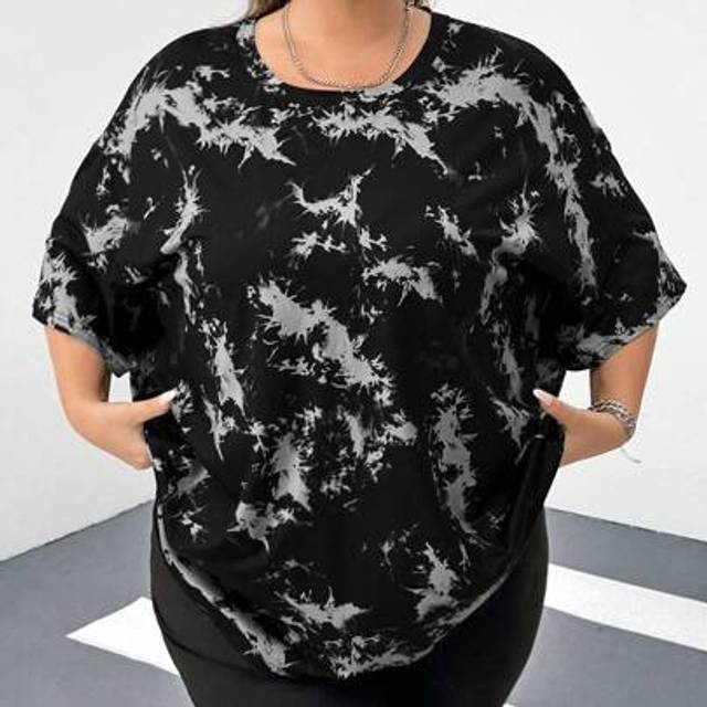 SHEIN Plus Size Grey Tie-Dye Drop Shoulder Short Sleeve T-Shirt (Random Tie-Dye),Summer Outfits For Women,Graphic Tees,Y2k,Rave Outfits