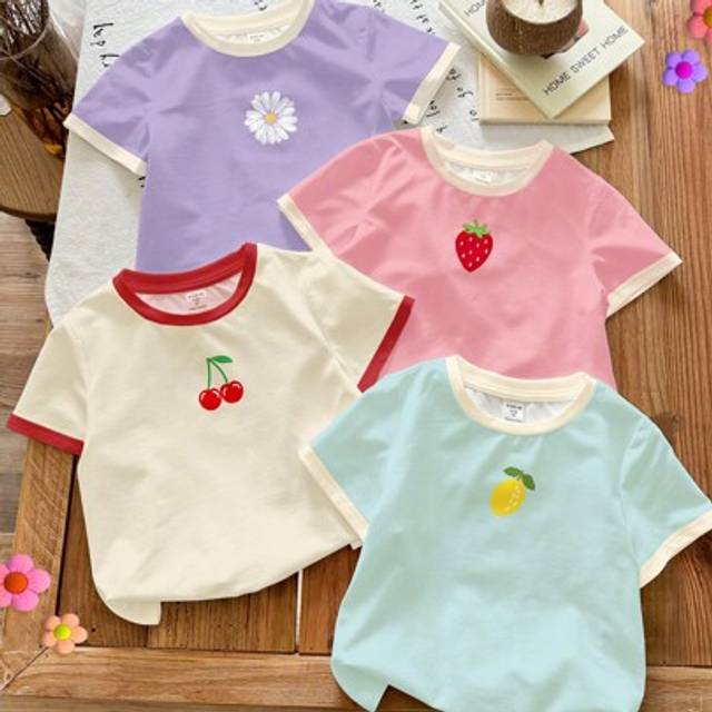 SHEIN 4pcs Young Girl Casual Minimalist Fruit, Cherry, Strawberry, Lemon, Flower Print Round Neck Short Sleeve Basic T-Shirt, Suitable For Spring/Summer