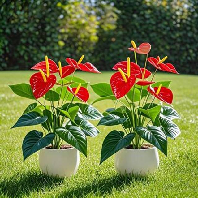SHEIN 2pcs 5-Stem Lifelike Artificial Red Anthurium Flowers, Decorative Plants For Festive Luck, Can Be Used Indoor/Outdoor In Garden, Suitable For Weddings